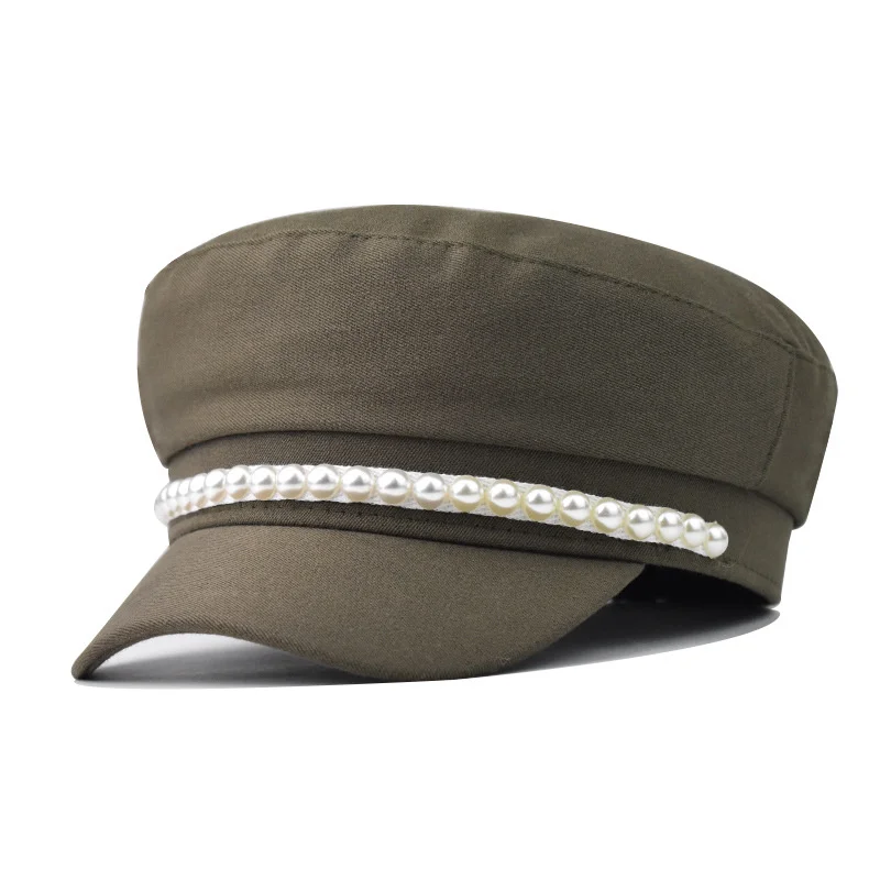 Женский однотонный демисезонный берет с цепочкой и жемчужинами | Аксессуары для