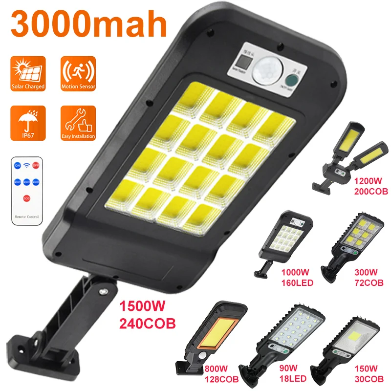 

1200W LED Solar Street Lights COB+SMD Outdoor Solar Lamp With 3 Light Mode Waterproof Motion Sensor Security Lighting for Garden