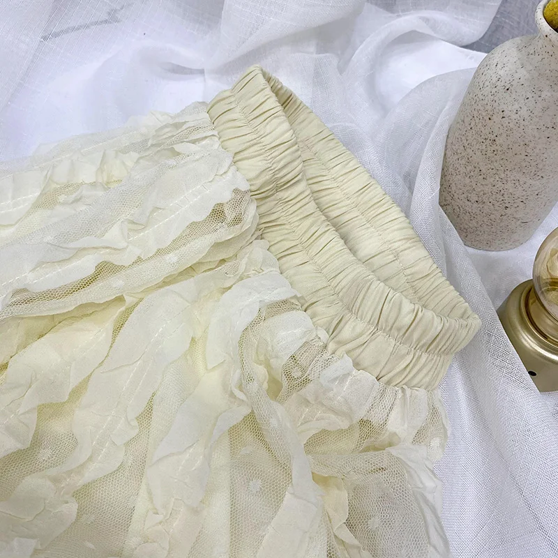 

Ruffles Lace Skirts Women Mujer Faldas 2021 Spring Summer Midi Skirt Solid Color Elastic Waist Lace Voile Fairy Skirt White