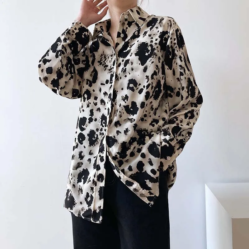 

FORYUNSHES Women Leopard Printed Blouse Office Loose Vintage Long Sleeves Chiffon Shirts Harajuku Streetwear Clothing 2021Spring