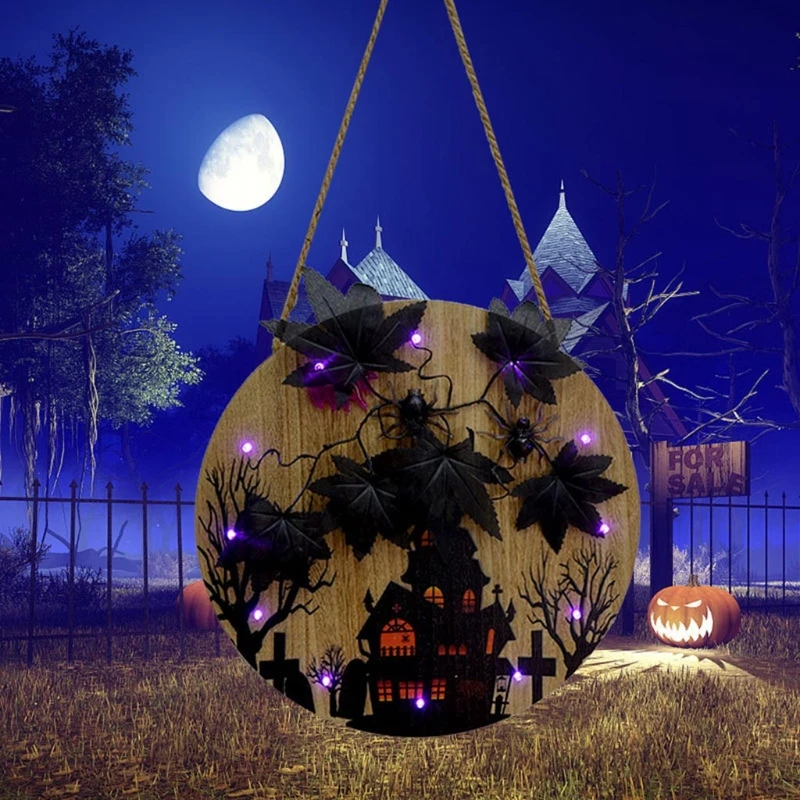 

35ED Halloween Maple Leaf Haunted House Glowing Front Door Hanger Decor Entryway Wall