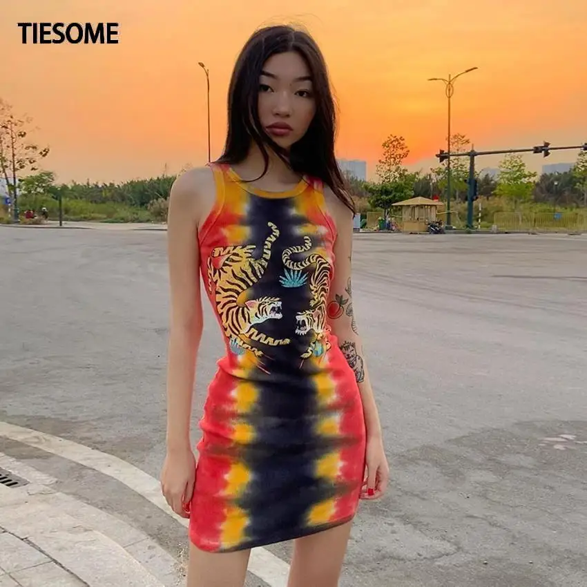 TIESOME/мини платья без рукавов с рисунком в стиле панк галстуком бабочкой