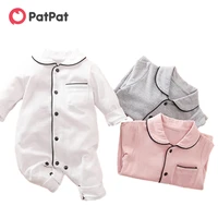 patpat new spring autumn baby boy girl newborn cotton solid polo collar cardigan pocket design long sleeve jumpsuit