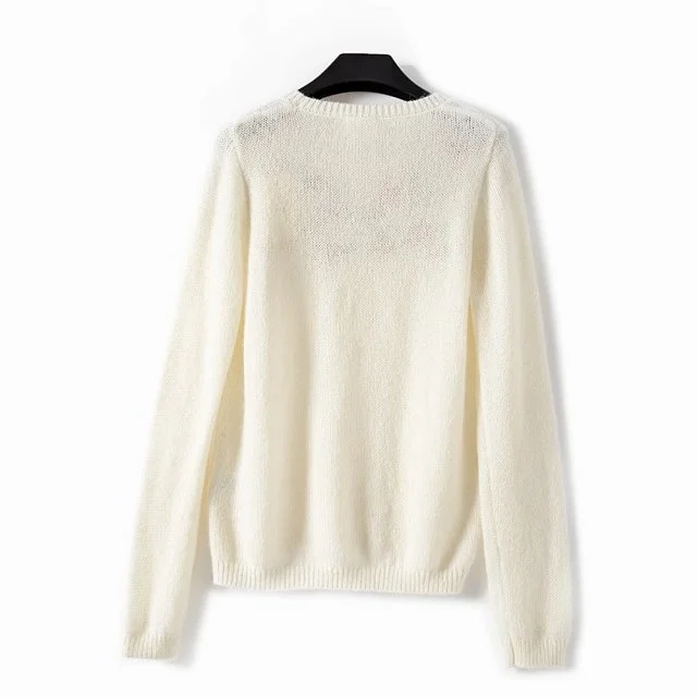 

Ladies Wool Mohair Blend Flower Embroidery O Neckline Knit Sweater Jumper - Women Casual Stylish Pullover Top
