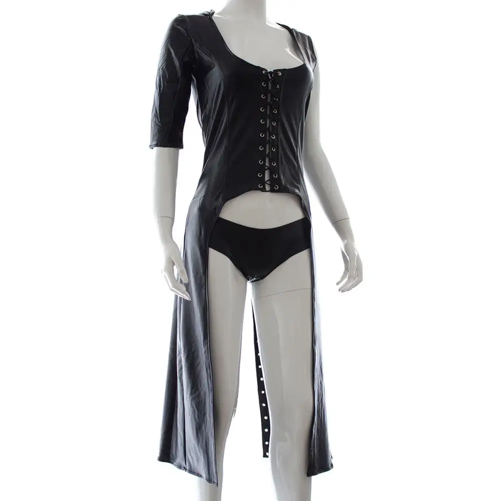 Женская черная влажно-смотрящая кожаная комбинезон-костюм в стиле фетиш из ПВХ-лака с эротическими нарядами для ночных клубов.