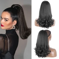 tail warping synthetic 16 kinky straight hairpiece with two plastic comb drawstring ponytail hair extension natural black