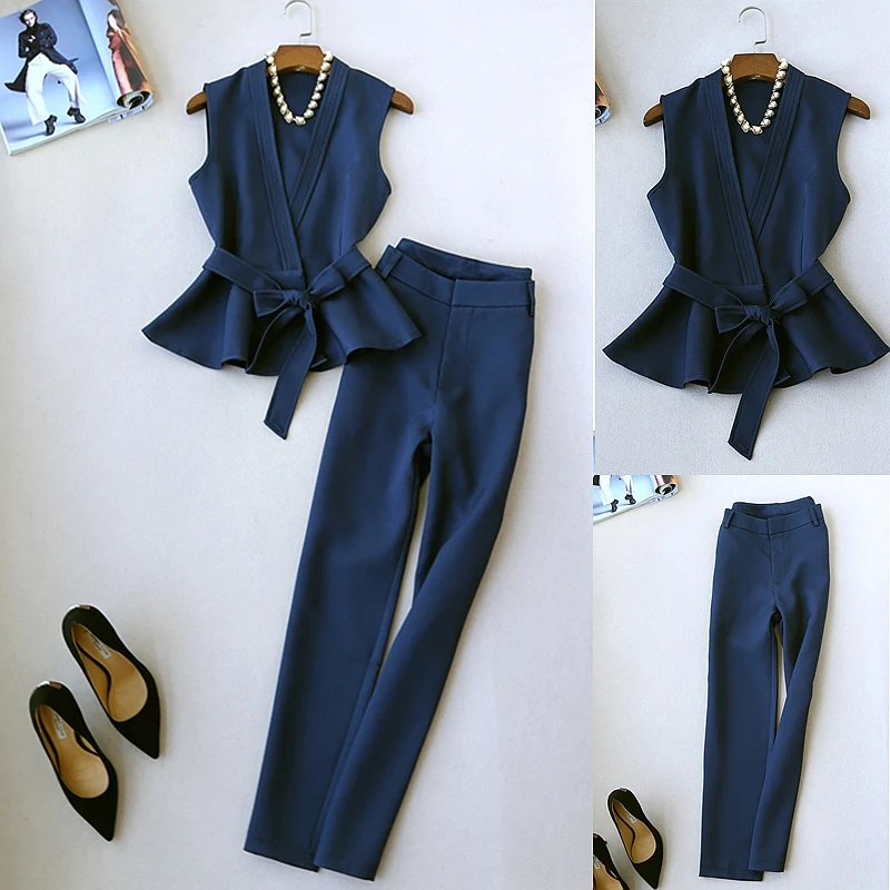 Women Clothing Set Elegant Peplum Details Tank Top and Fashion Pencil Pants OL Workwear Set