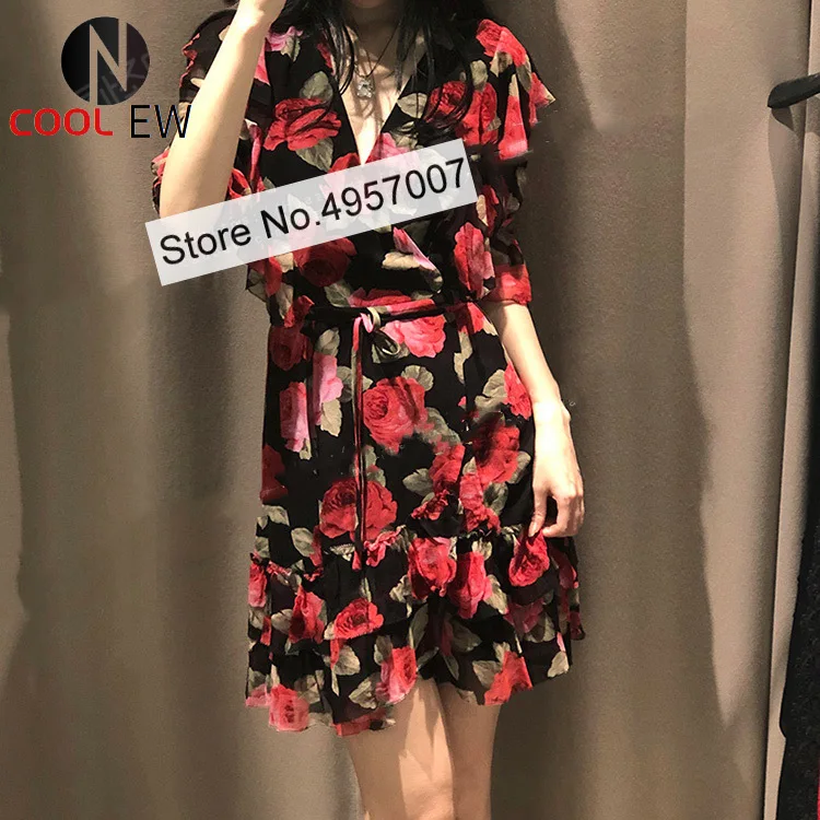 

Top Quality Women Floral Printed Wrap V Neck Ruffled Short Dress