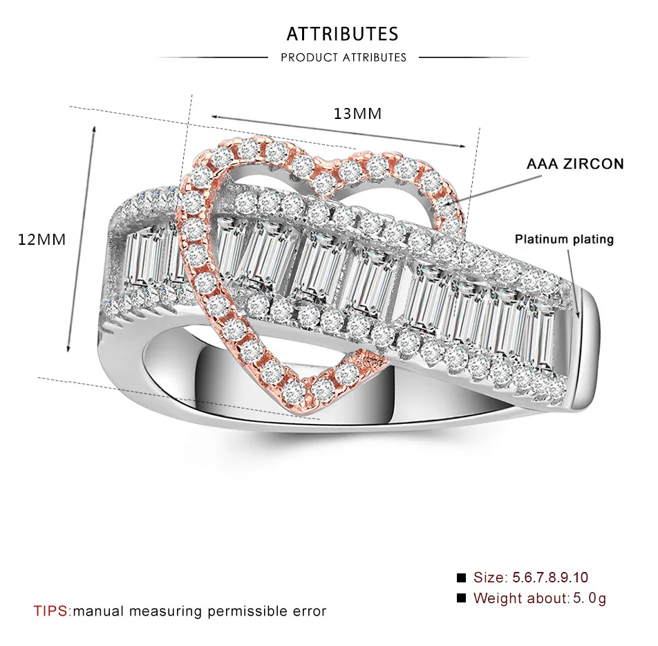 

2020 New Luxury Rose Gold Silver Color Heart Engagement Ring For Women Lady Anniversary Gift Jewelry Wholesale Moonso R5484