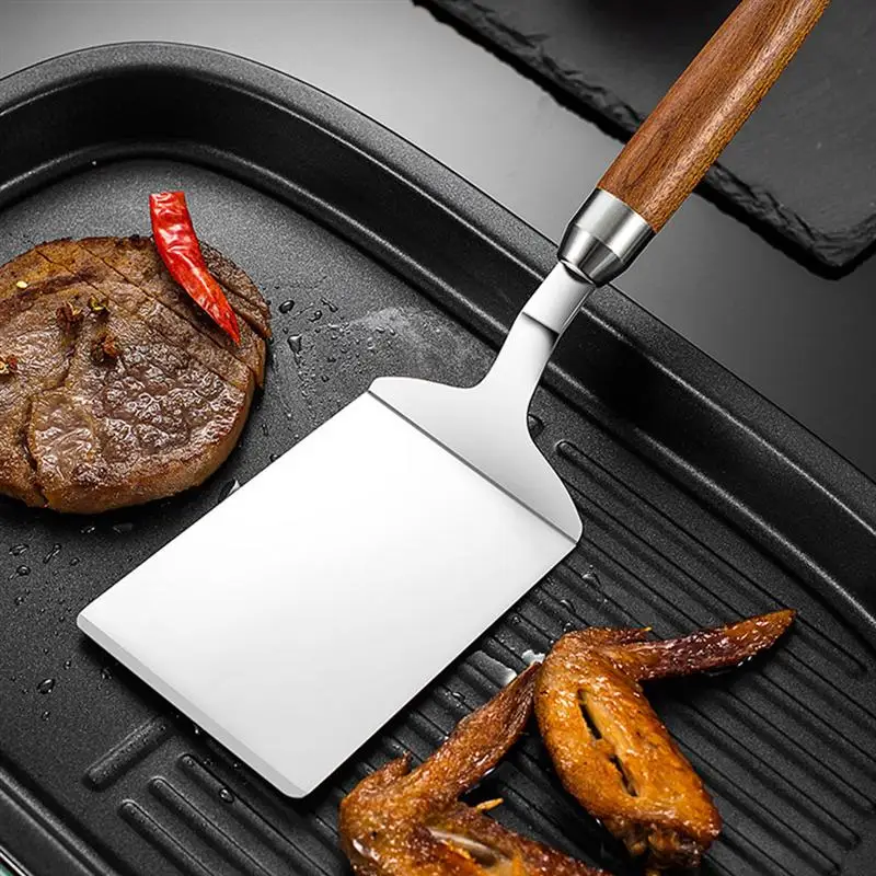 

Stainless Steel Steak Spatula Pancake Scraper Turner Grill Beef Fried Pizza Shovel With Wood Handle Kitchen BBQ Tools