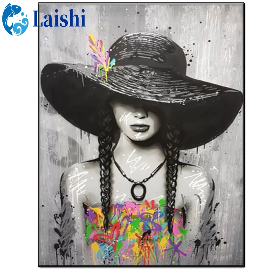 

Diamond embroidery Abstract doodle little girl in a hat full drill Square Diamond painting diamond painting Rhinestone mosaic