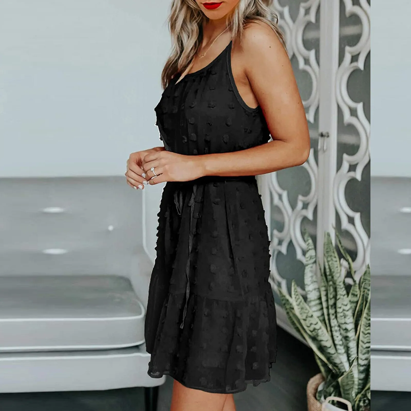 

40# Spaghetti Strap Dress Women Casual Pleated High Waist Dresses For Women 2021 Ruffle Vintage Summer Dress Vestido De Mujer