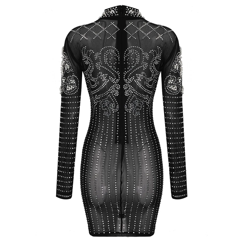 Новое поступление, черное Сетчатое платье с бисером, с длинными рукавами, Сексуальные вечерние платья, облегающее вискозное Бандажное плат... от AliExpress RU&CIS NEW