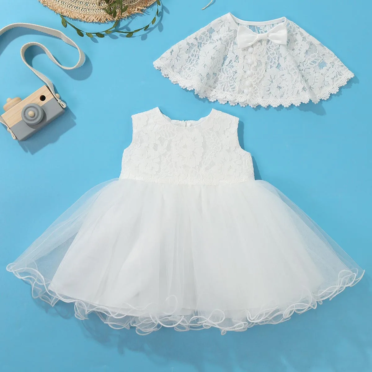 

2pcs Baby Girls Princess Dress Up Floral Lace Baptism White Dress Toddler Infant Christening Party Gowns with Cloak filles robes