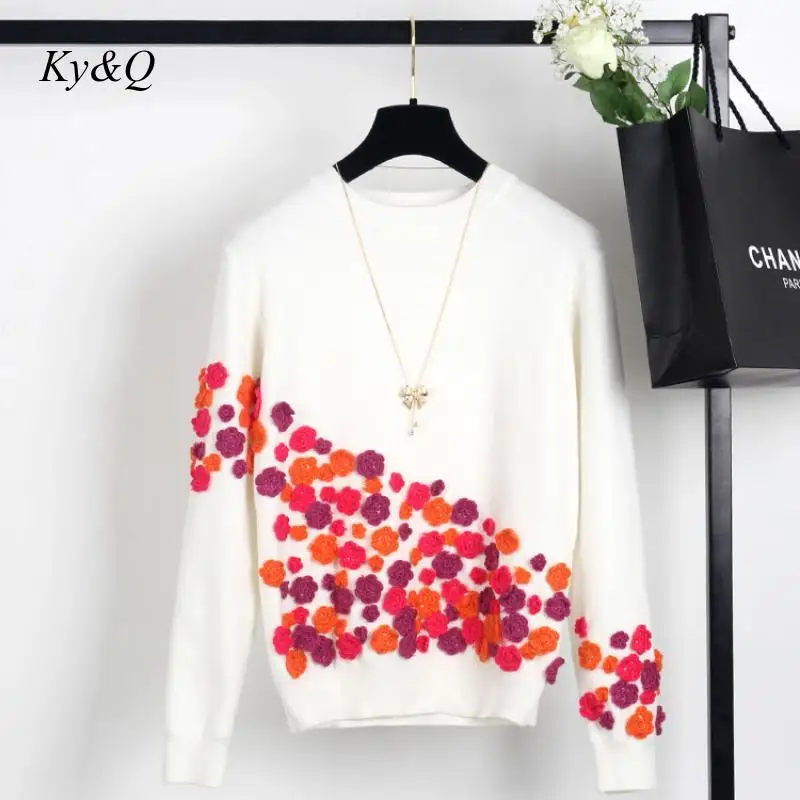 Runway Brand Designer 2019 Winter Women Sweet Flower Appliuques O-neck Pullover Sweater Small Fresh Jumper Christmas | Женская одежда