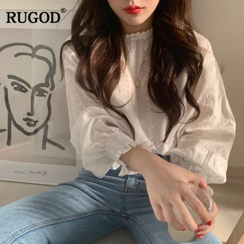 

RUGOD Korean Elegant Floral Print Women Blouse Vintage Lantern Sleeves Lace White Sweet Ladies Shirts Casual Femme Tops Modis