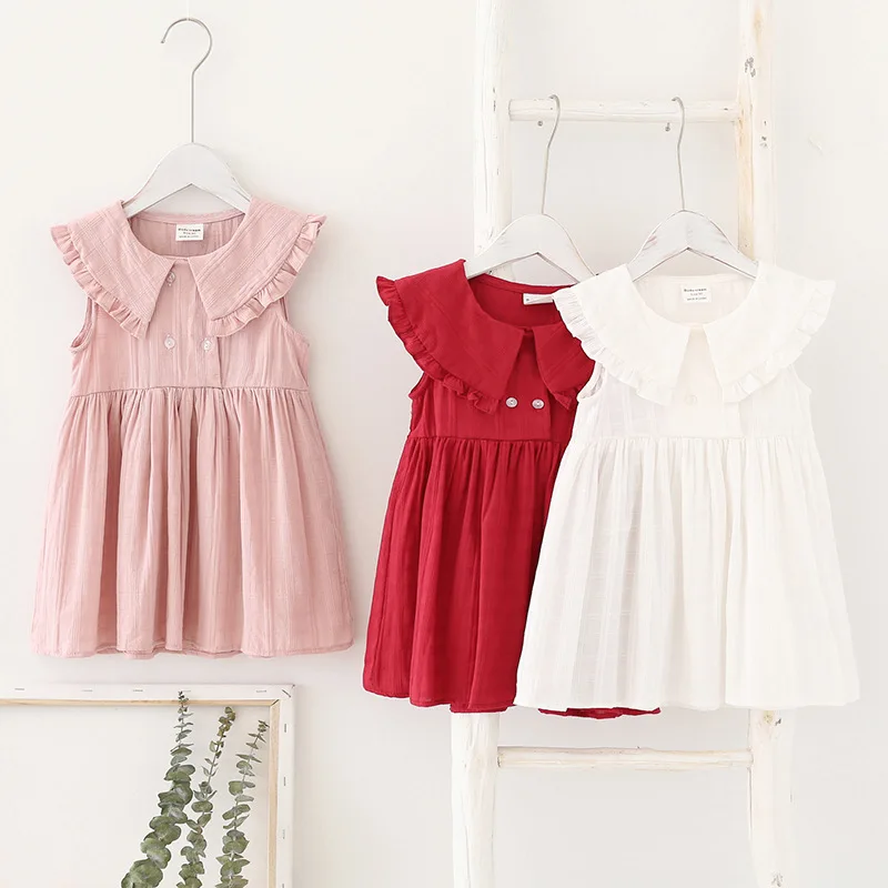 Girls dress 2020 summer new sleeveless double-breasted vest doll pure cotton solid color stitching princess | Детская одежда и
