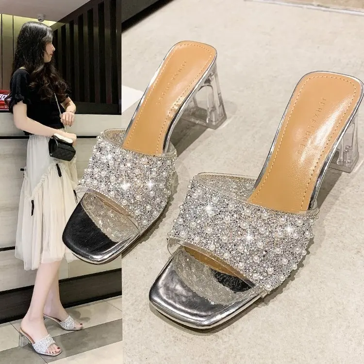 Slippers Women Summer Outside Transparent 7cm High Heels Modern Slippers Fashion Blingbling Sexy All-match Square Heel Beaded