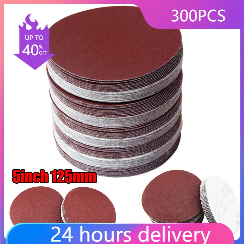 

300Pcs 5Inch 125mm Round Sandpaper Discs Sandpaper Abrasive Sand Sheets 60/80/120/150/180/240/320/600Grit