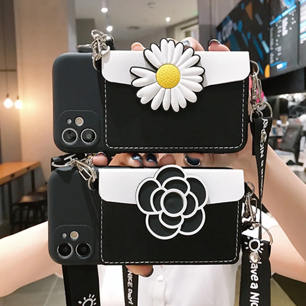 

New 3D Cute Cartoon Flower Holder Stand Lanyard Wallet Soft Case for iphone 11 Pro Max X XR XS 6 6S 7 8 plus SE 2020 cover gift