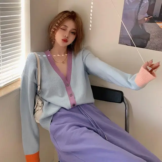 

Two-Piece Suit College Style Spring New Korean Style Knitted Cardigan Women + High Waist Casual Sports Straight Pants