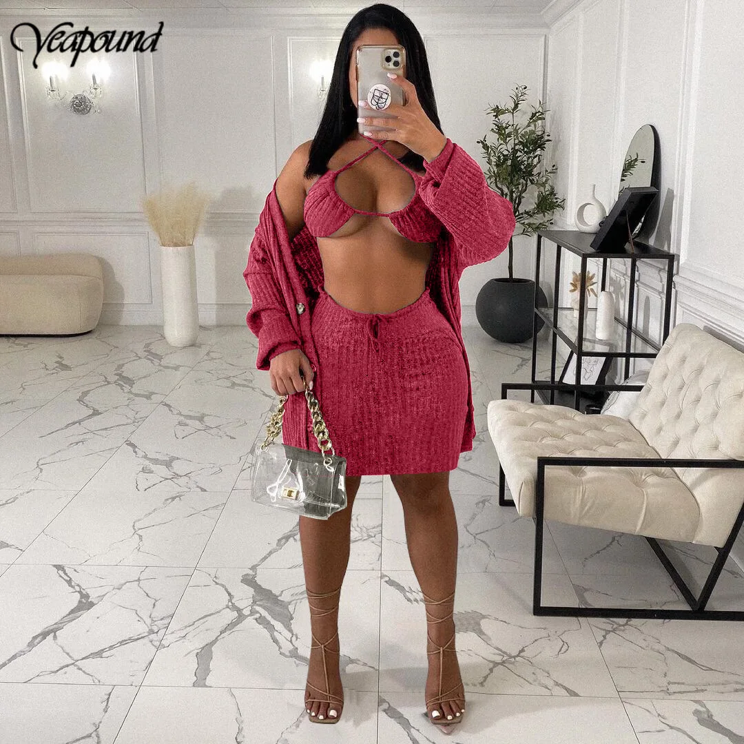 

Женский комплект из 3 предметов, однотонный Привлекательный Топ с V-образным вырезом, бюстгальтер на бретельках, жакет с длинным рукавом и юб...