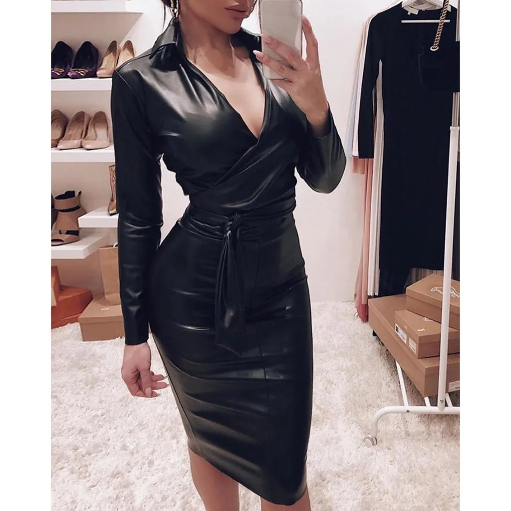 Woman Dress Vintage Women Clothing Sexy Deep V-Neck Long Sleeve Leather Lingerie Party Wear Belt Robe Femme Vestidos | Женская одежда