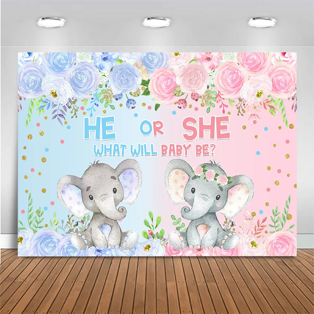 

Mocsicka He Or She Baby Shower Backdrop Photography Newborn Gender Reveal Party Background Photo Studio Blue Pink Elephant Rose