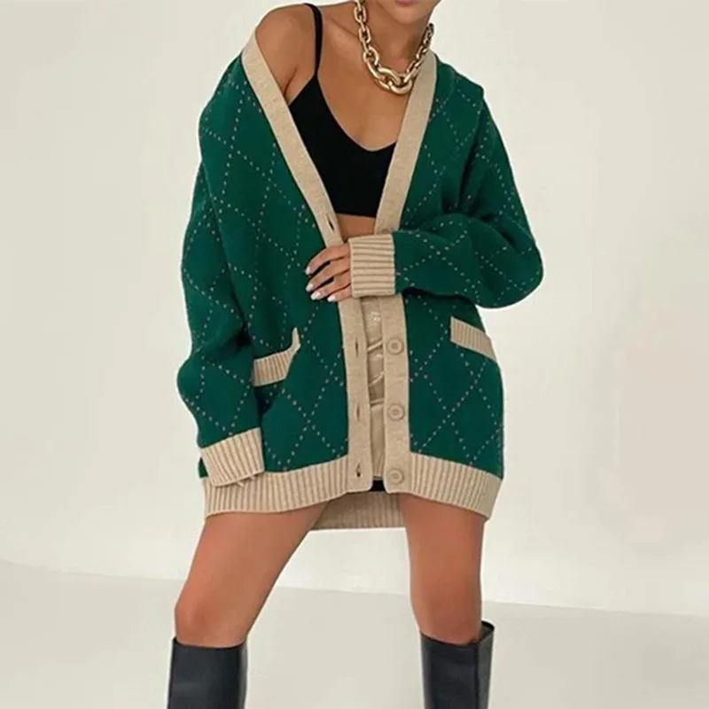 

Women Autumn Winter Vintage Geometric Patchwork Sweater Pockets Knited Streetwear Green Orange Ladies Tops Knitwear Cardigan Y2K