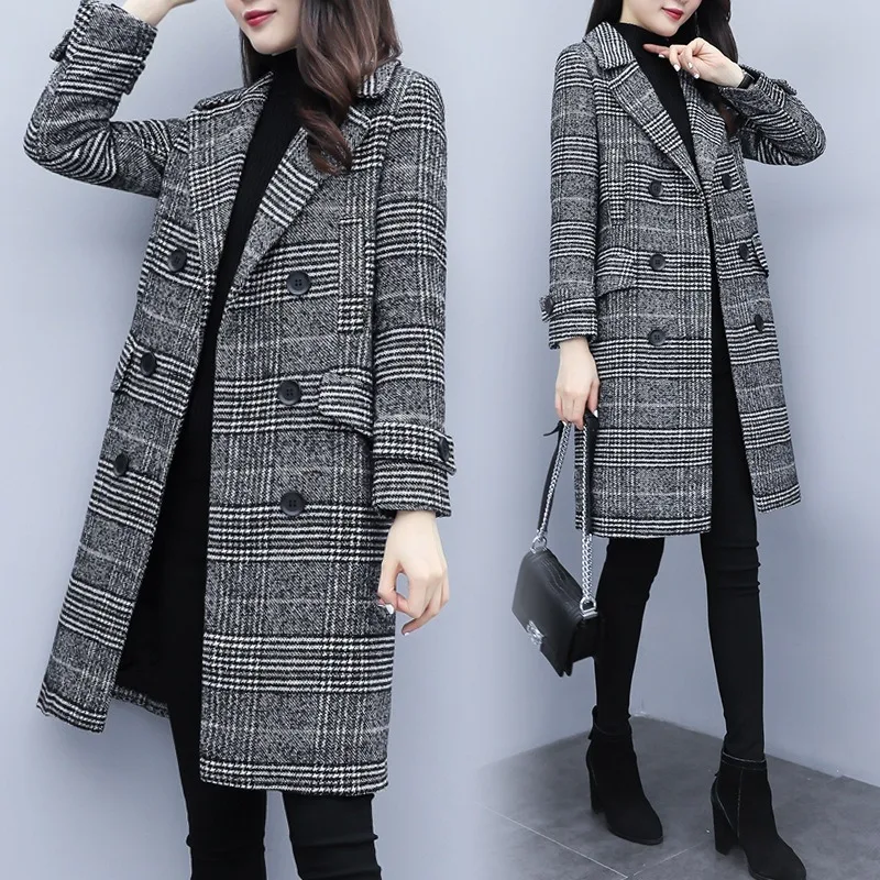 

Autumn and Winter Women's New Windbreaker Cotton-Padded Padded Houndstooth Woolen Coat Women's Mid-Length Coat Women Jacket