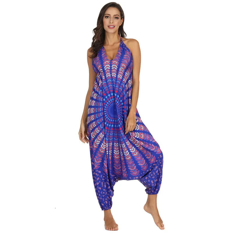 

Bohemian loose jumpsuit Women Sarouel sexy Backless Pop Print Loose Harem Bloomers Summer Hippie Jumpsuits