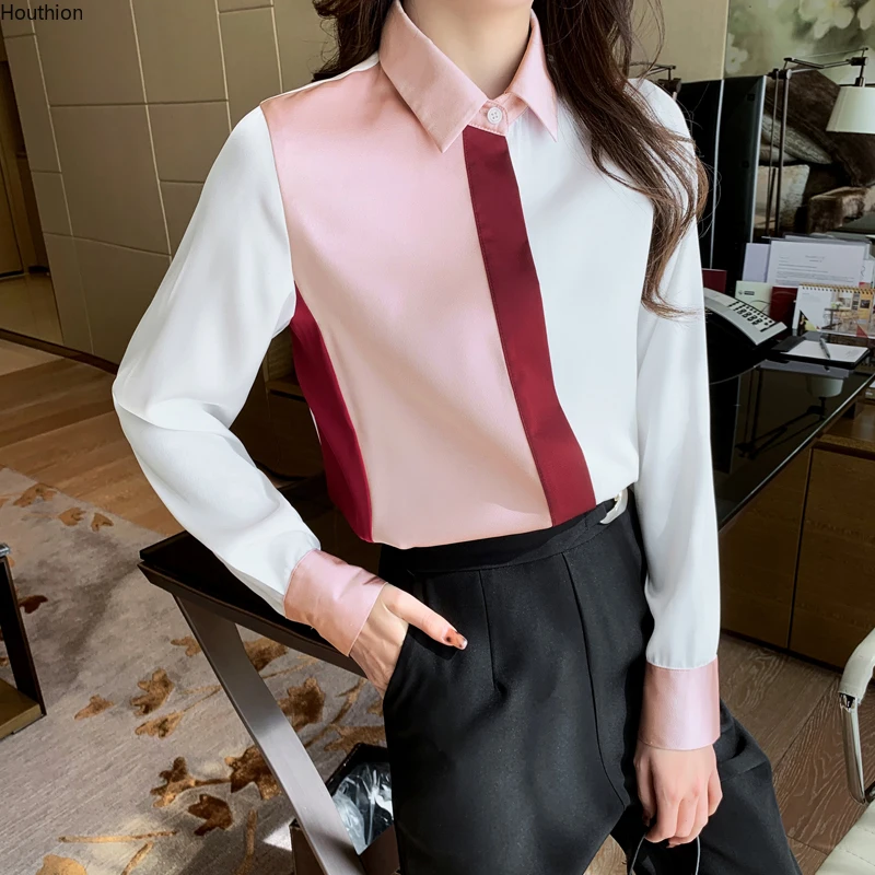 

Women's Blouse Chiffon Top New Stitching Long Sleeve Polo Shirt Korean Casual Fashion Summer Lady Sexy Clothing Houthion