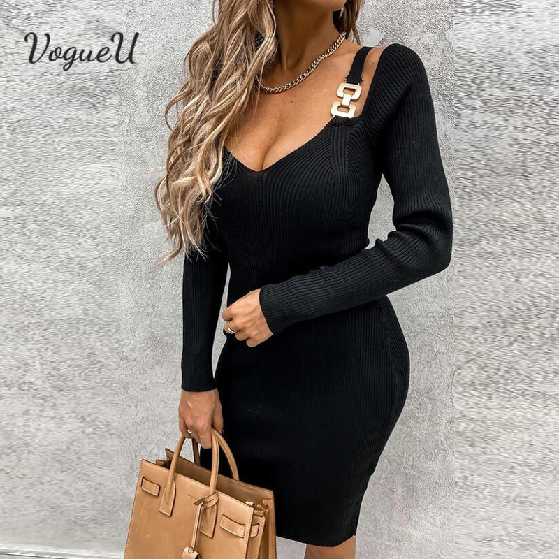 

Весеннее женское эластичное платье с глубоким V-образным вырезом, длинным рукавом, открытыми плечами, металлическими бретельками, трикотаж...