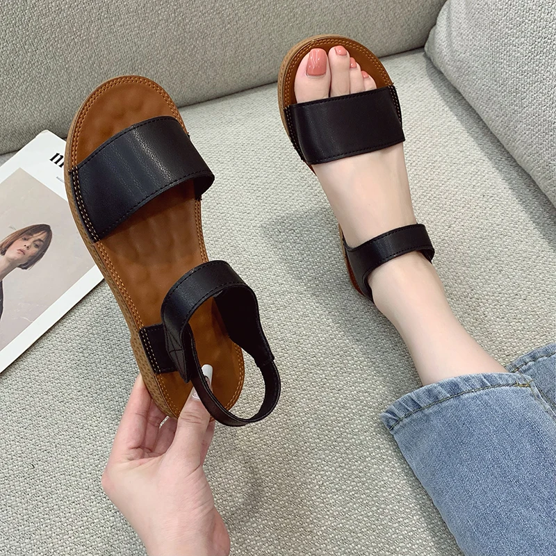 

Rome Black White Sandals Women 2021 Vintage Brown Soft Leather Flat Casual Sports Sandels Female Shoes Classic Summer Sandals