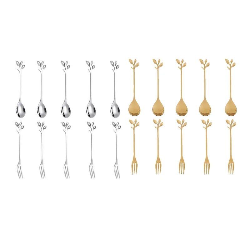 

5Spoon+5Forks Stainless Steel Leaf Coffee Cake Spoon Fork Dessert Spoons, Stirring Teaspoon Set