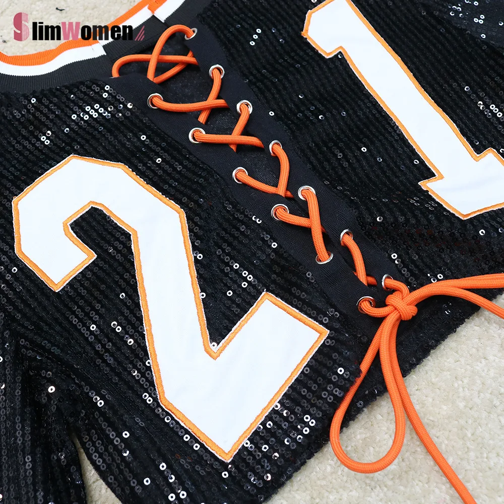 

Sexy Fashion Sequined Lace Up Tracksuit Two Piece Bandage Baseball Collar Jacket Crop Top Pencil Pants Set Club Sequins Outfits