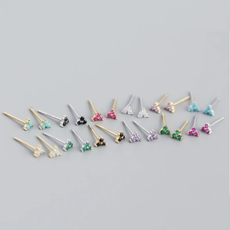 

925 Sterling Silver Three Zircons Stud Earrings for Girl Mini Colorful Crystal Light Luxury All-match Earrings Fashion Jewelry
