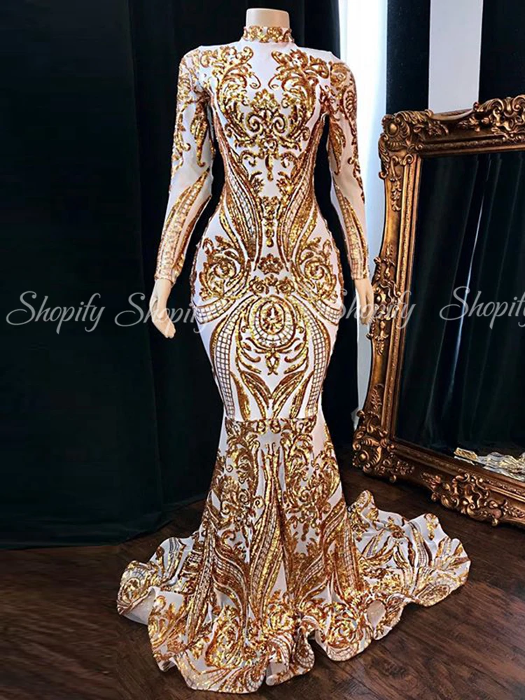 

Длинные Выпускные платья 2022 блестящие с длинным рукавом и высоким воротом золотые блестящие белые атласные кружевные африканские женские ...