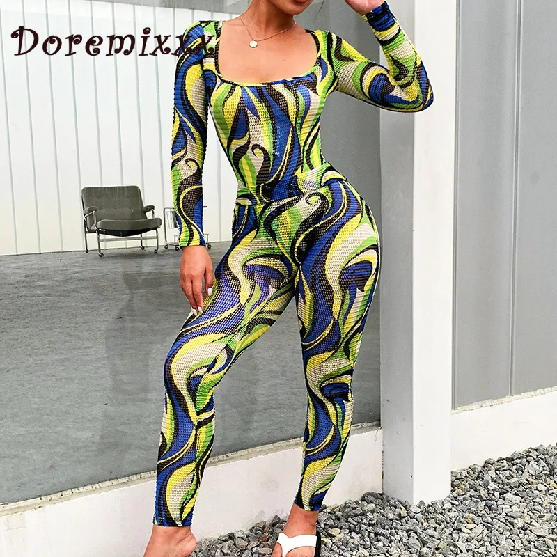 

Aesthetic Print Long Jumpsuit Mesh Winter Fall Sexy High Street 2 Pieces Club Outfits Women 2021 New Fashion Clothes Bodycon