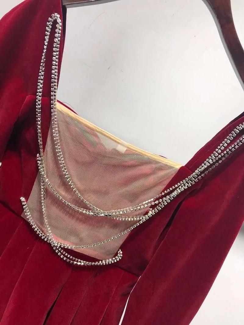 

2020 Autumn Winter Red Party Christmas Dress High Quality Ladies Square Collar Sexy Backless Long Sleeve Ball Gown Club Dress