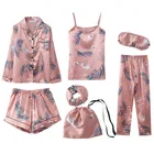 7 шт., Женская атласная пижама, с принтом в виде перьев