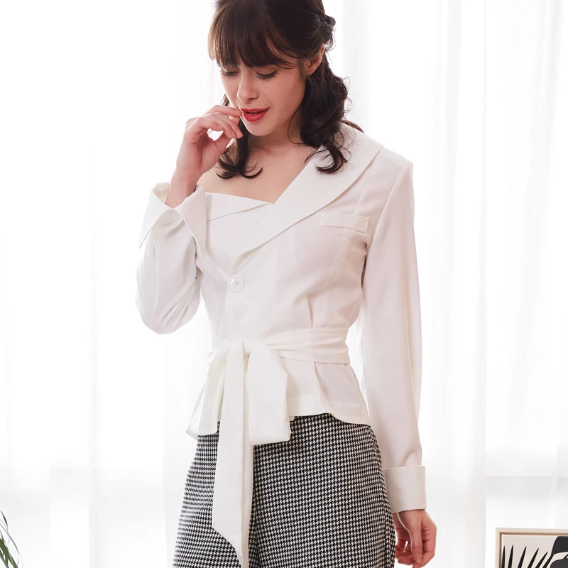 

Luck A 2020 spring women sexy strapless blusas full sleeve female solid sashes shirt skew collar ladies asymmetric top