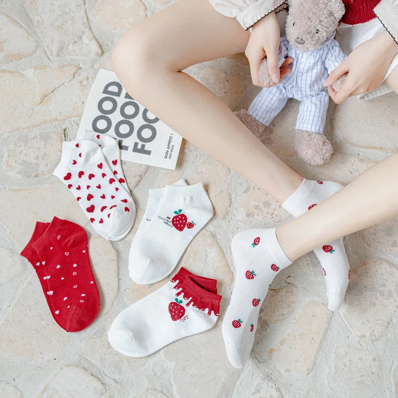Japanese Style Women Cute Socks Print Strawberry Korean Funny 5 Pairs/Lot Girls Cotton Knitted Kawaii White Short Socks Sets