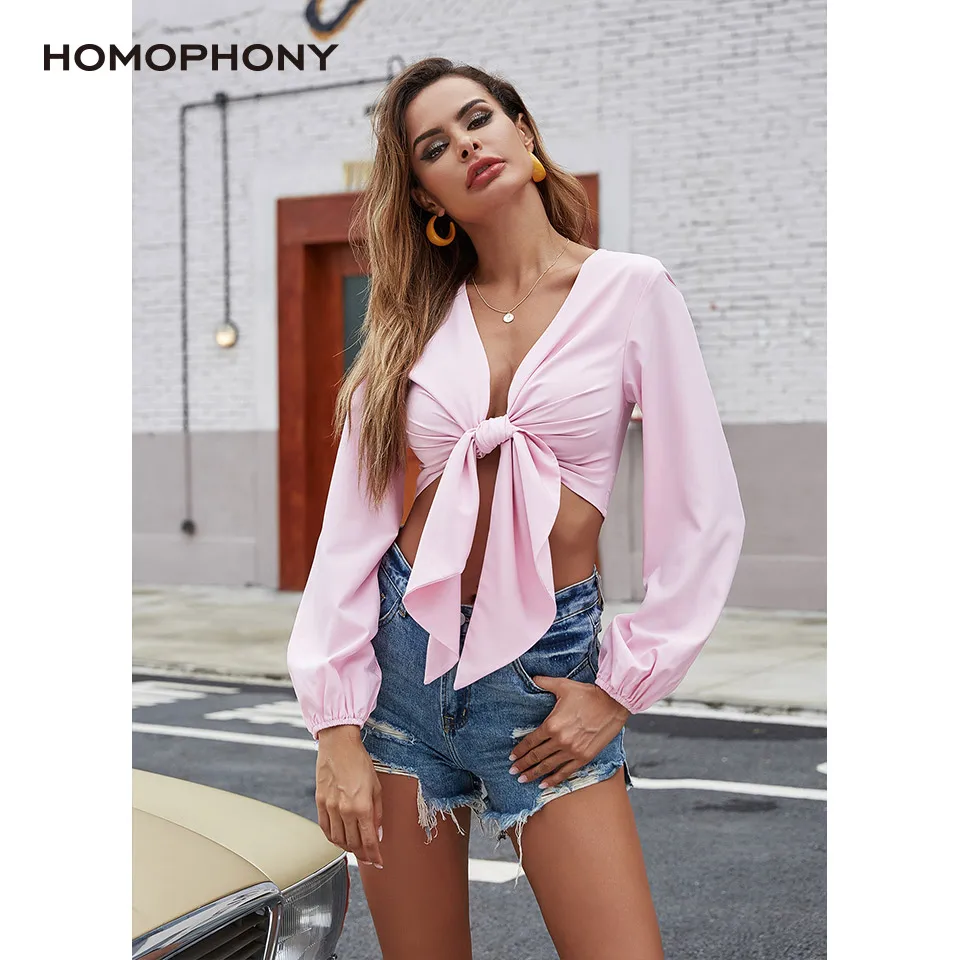 

HOMOPHONY Women Blouses Sexy V-Neck Pink Long Sleeve Spring Autumn Elegant Blouses Bow Tops And Blouses Plus Size Female Shirt