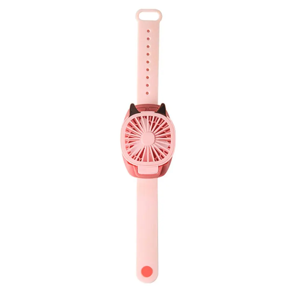 

360° Rotation Outdoor USB Rechargeable Small Fan For Kids Wrist Strap Mini Hand Held Fan Cat Design Colorful LED Lights