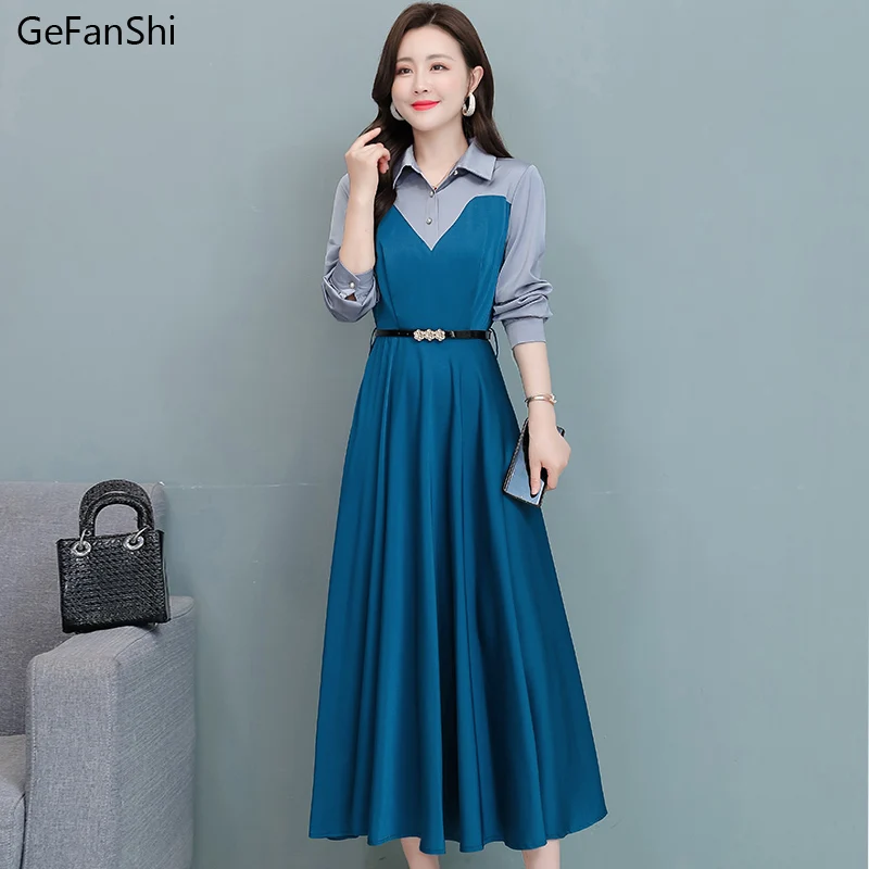 

2021 New Spring Autumn Women Dresses Casual Satin Patchwork Long Sleeve Dress Fashion Elegant Slim Office Lady Dresses Robe