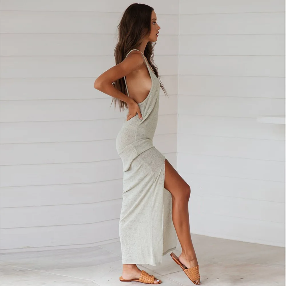 

Vest halter dress European and American foreign trade outfit beach skirt sexy slit slit long dress summer