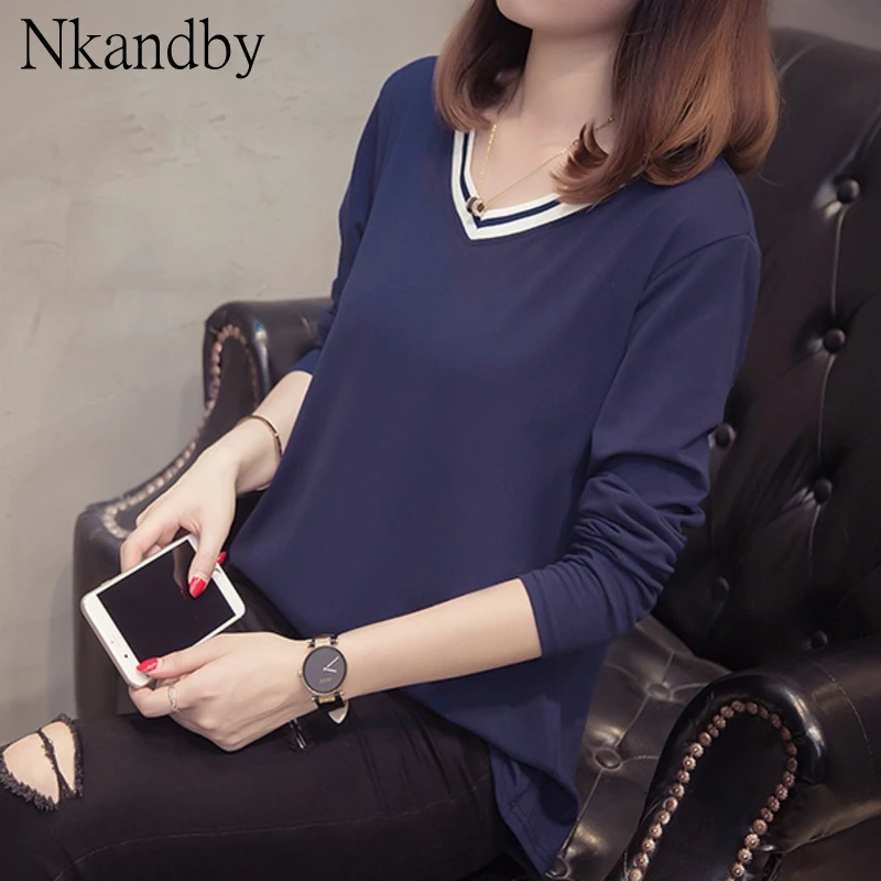 Большие размеры полосатые футболки с v образным вырезом женская осенняя одежда