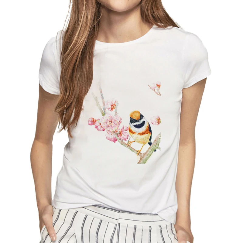 

Женская футболка в стиле Харадзюку, лето 2021, футболка с коротким рукавом, Женская милая Женская одежда с принтом птиц, футболки, топы