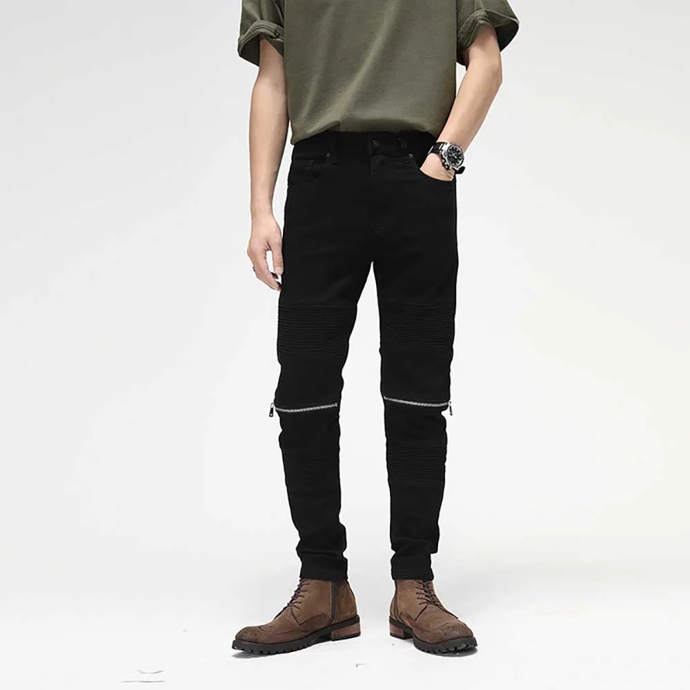 Retro Black Stretch Biker Jeans Slim Fit Knee Zipper Pleated Trousers Men Distressed Skinny Denim Streetwear Patchwork Joggers